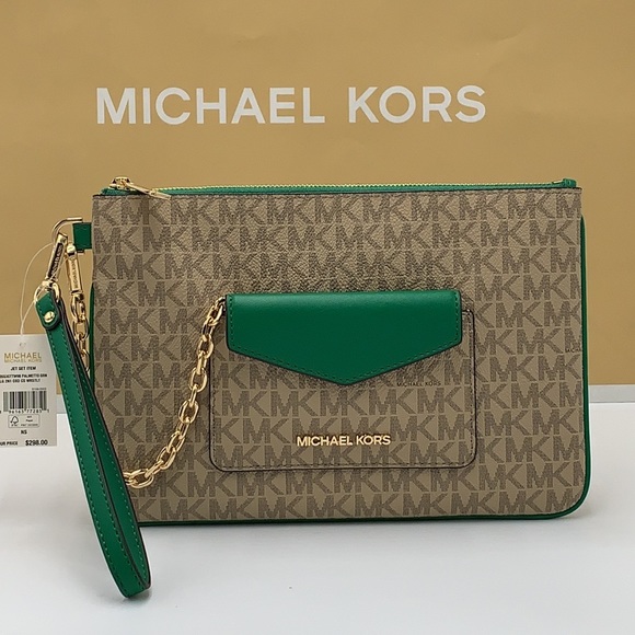 Michael Kors Jet Set LG 2 in 1 card case wristlet Wallet PALMETTO GREEN SIGNATUR - Picture 10 of 16